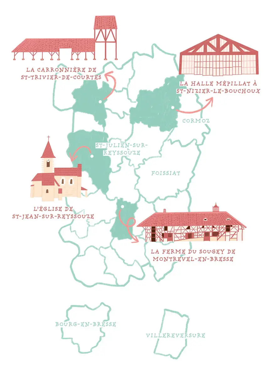 illustration d'un plan du territoire coloré et accompagné de dessins d'architecture et de façades du patrimoine local :