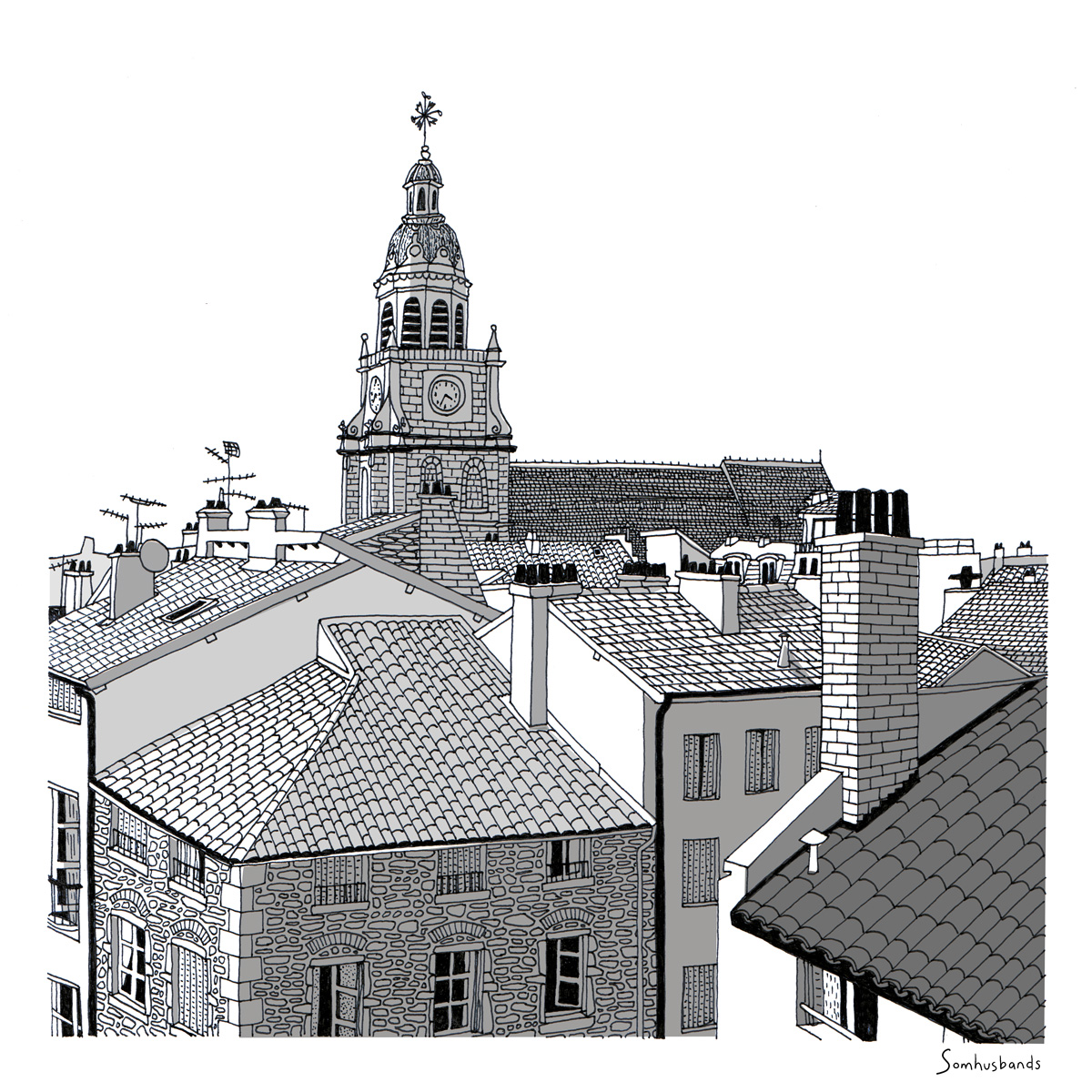 illustration en noir et blanc des toits de la ville de Bourg-en-Bresse, avec la cathédrale Notre-Dame en arrière-plan