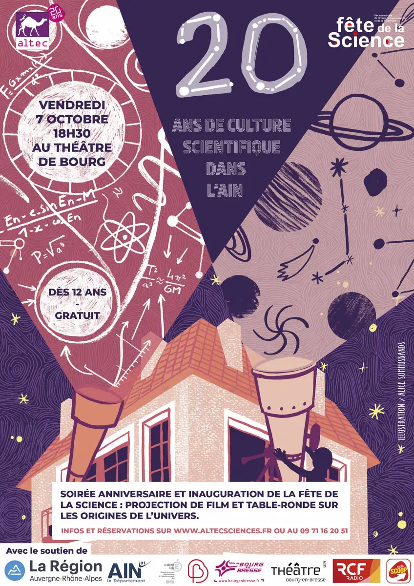 illustration pour une affiche avec une maison en bas au centre, depuis laquelle 2 téléscopes observent un ciel violet foncé rempli de dessins astronomiques