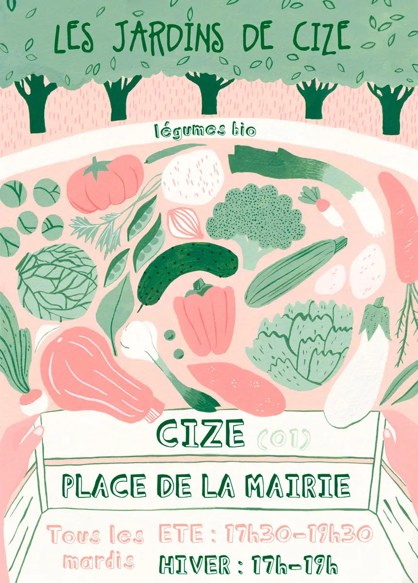 illustration peinte à la main représentant des légumes du jardin avec une cagette au premier-plan et des arbres tout en haut