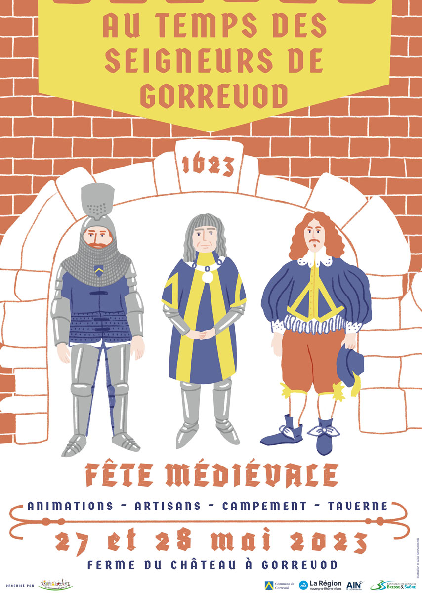 Affiche illustrée pour une fête médiévale. Dessin sur ipad avec 3 personnages centraux témoins de 3 époques de l'histoire d'après leurs vêtements. En arrière-plan un mur de briques pour rappeler le lieu de l'évènement à la ferme du château de Gorrevod.