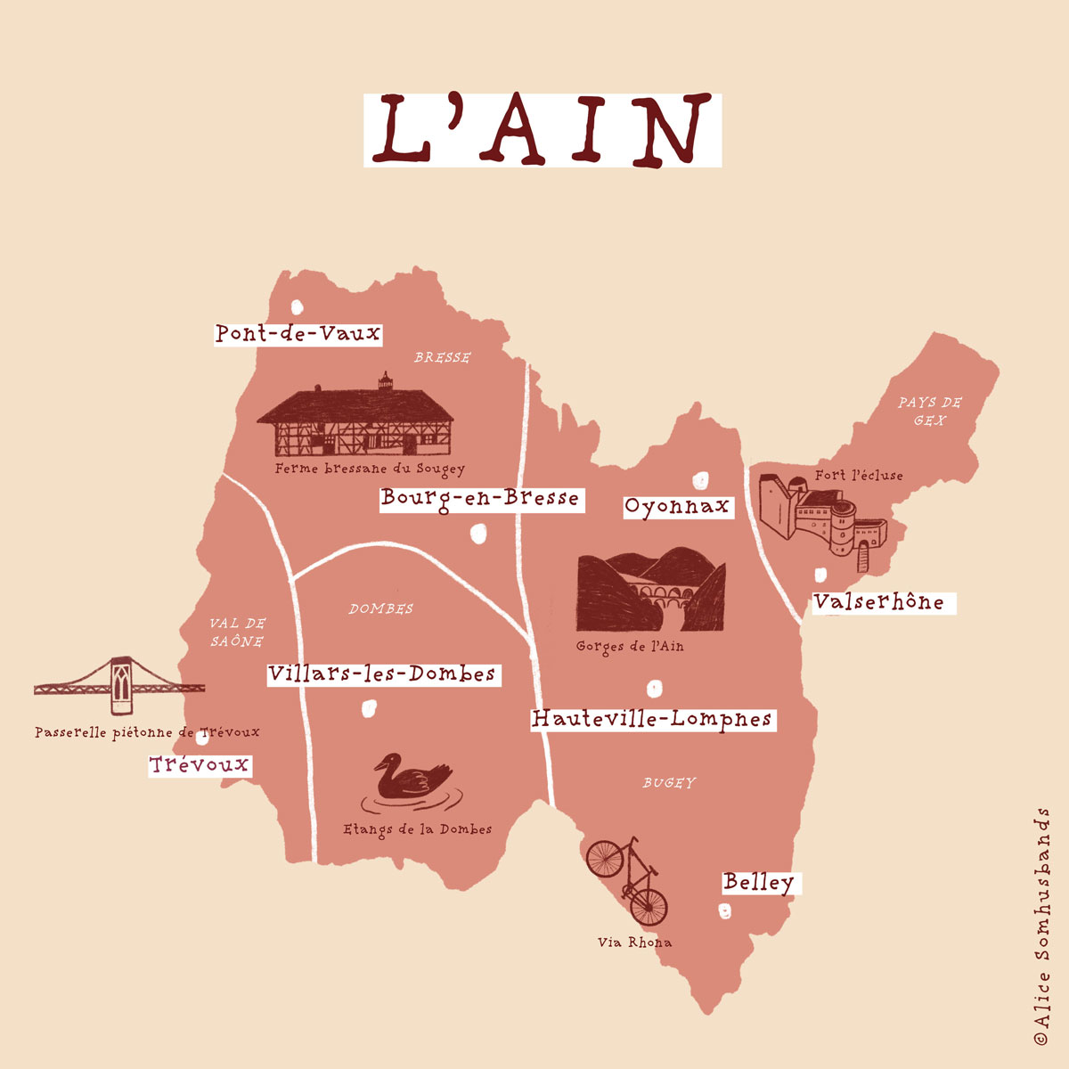 plan illustré du département de l'Ain, fond beige et rose avec miniatures dessinées en brun pour chaque territoire