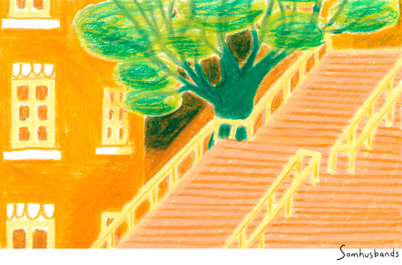 dessin au pastel avec une façade orange à gauche et le grand escalier de la croix rousse à droite, avec un arbre entre les deux