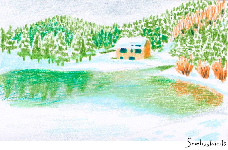 dessin au pastel représentant un paysage d'hiver avec un lac et une forêt recouverte de neige, et une petite maison enneigée au bord de l'eau