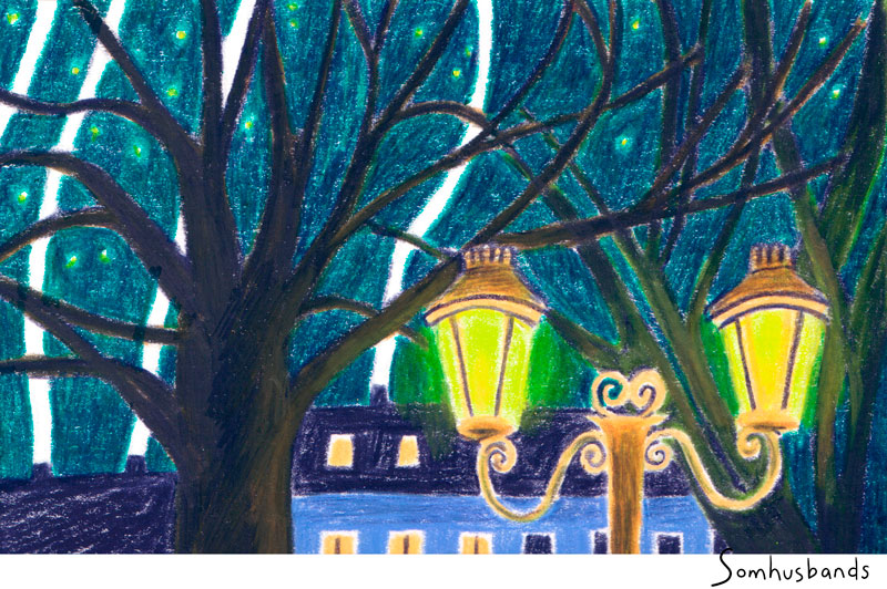 Dessin d'un paysage urbain de nuit, avec la fumée des cheminée, les fenêtres et les lampadaires allumés