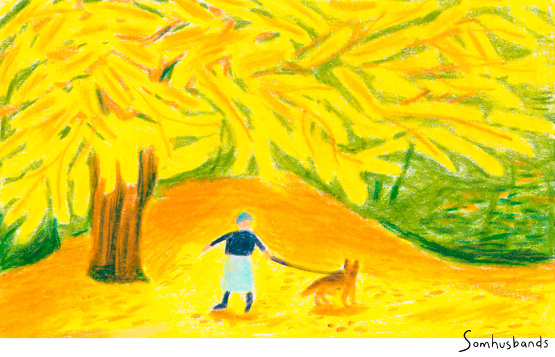 illustration d'un paysage d'automne avec un très grand arbre aux feuilles jaunes, le sol est jaune et une femme marche dessus avec son chien