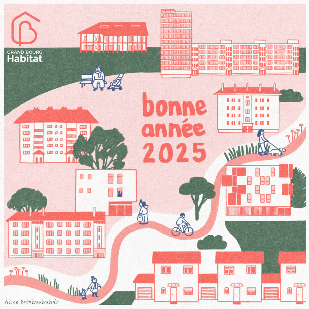 illustration carrée avec texture risographie en vert foncé, rose et rouge orangé. Un paysage de ville concentré sur l'architecture avec des façades d'immeubles et maisons, des personnages qui circulent sur un chemin, de la végétation